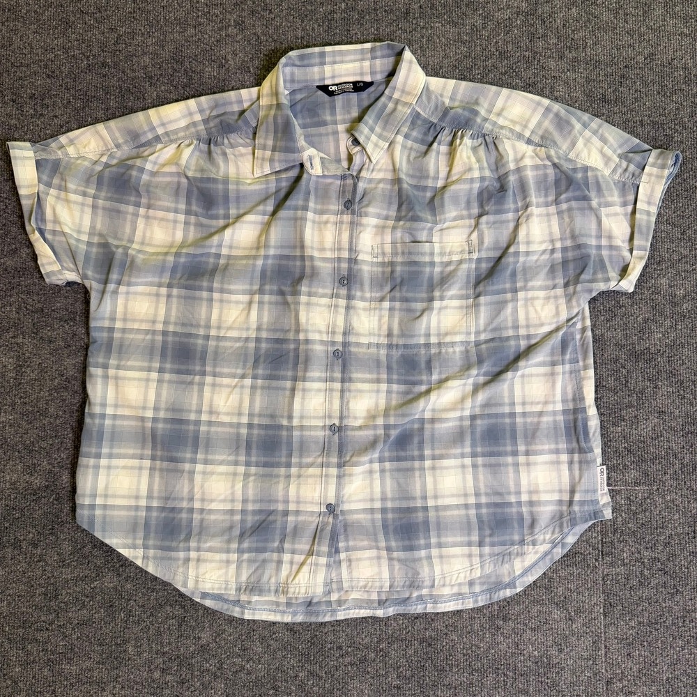 Outdoor Research Women Blue Plaid Short Sleeve Button Down Hiking Shirt Large